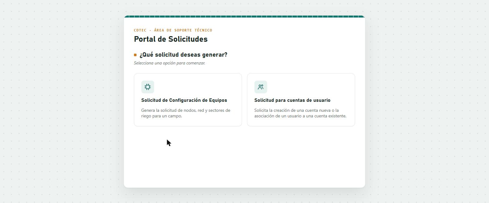 Pantalla de inicio del Portal de Solicitudes con las dos opciones principales