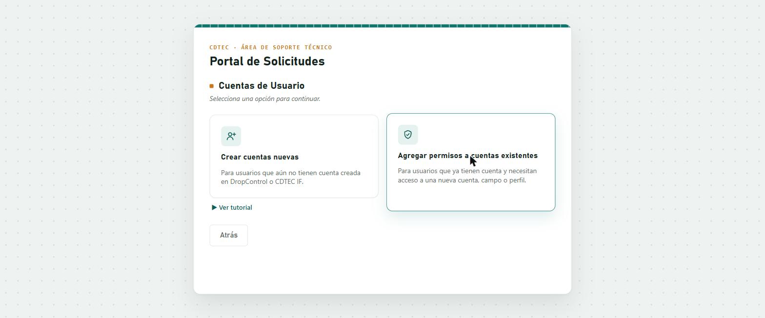 Pantalla con las opciones Crear cuentas nuevas y Agregar permisos a cuentas existentes