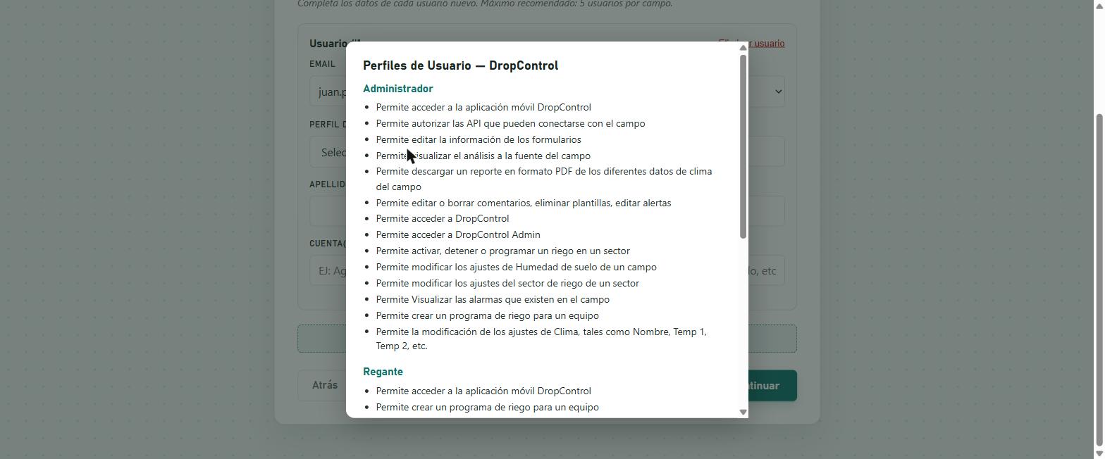 Modal con la descripción de los permisos de cada perfil de DropControl