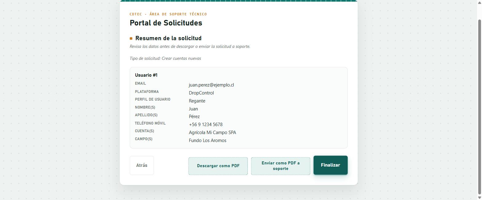 Pantalla de resumen de la solicitud con los tres botones finales